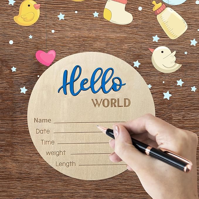 Baby Announcement Sign, 5.9 Inch Wooden Hello World Newborn Signs, Birth Announcement Sign, Baby Shower Hospital Nursery for Newborn Boys and Girls (Blue,Pen)