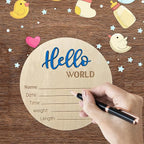 Baby Announcement Sign, 5.9 Inch Wooden Hello World Newborn Signs, Birth Announcement Sign, Baby Shower Hospital Nursery for Newborn Boys and Girls (Blue,Pen)