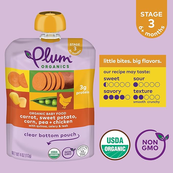 Plum Organics Stage 3 Organic Baby Food - Carrot, Sweet Potato, Corn, Pea, and Chicken - 4 oz Pouch (Pack of 12) - Organic Baby Food Pouch