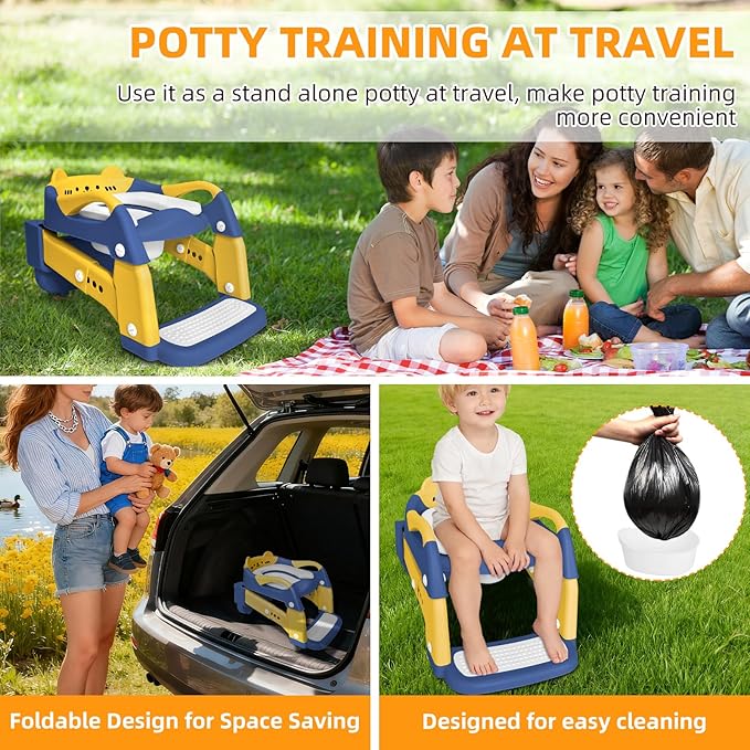 Potty Training Seat, Upgrade Toddler Toilet Seat for Kids Boys Girls, 3 in 1 Potty Training Toilet with Step Stool Ladder-Non Slip Foldable (Blue+Yellow)