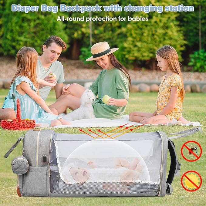 Diaper Bag Backpack, Large Diaper Bag with Changing Station, Baby Bag, New Mom Gifts, Lightweight Waterproof Unisex Diaper Bag with Insulated Pockets and USB Charging Port, Grey