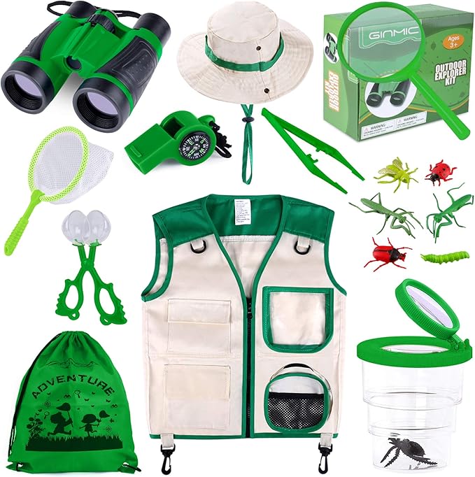 GINMIC Kids Explorer Kit & Bug Catching Kit, 16 Pcs Outdoor Exploration Safari Kit for Kids Camping with Binoculars, Adventure, Hunting, Hiking, Educational Toy Gift for 3-12 Years Old Boys Girls
