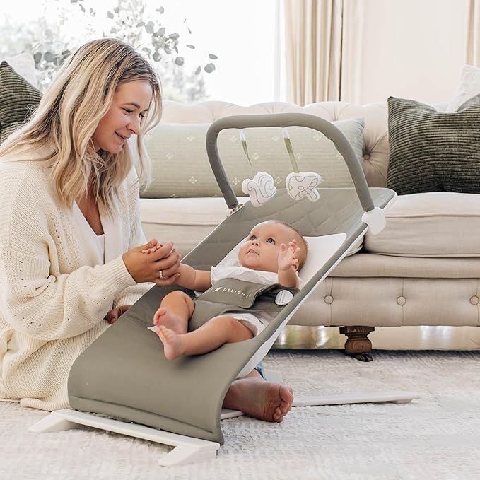 Baby Delight Alpine Deluxe Portable Baby Bouncer | Infant | 0-6 Months | 100% GOTS Certified Organic Cotton Fabric | Organic Sage