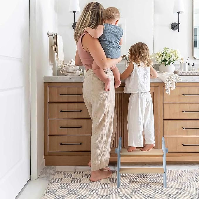 Wooden 2 Step Stool for Kids Bathroom Sink Foldable Anti-Slip 2-Step for Toilet Potty Training, Child Stepping Stool for Kitchen Nursery Bedroom, Sturdy Non Slip Adult Stool for Closet Blue