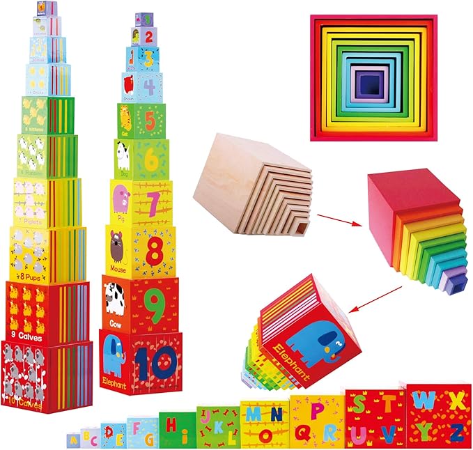 TOWO Wooden Stacking Boxes-Nesting and Sorting Cups Numbers Alphabet Animals Blocks for Toddlers-Stacking Cubes Educational Toys for 2 Years Old Montessori Materials