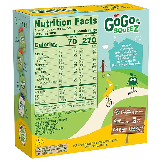 GoGo squeeZ Applesauce and Fruit Puree, Apple Banana, 3.2 oz (Pack of 48), Unsweetened Fruit Snacks for Kids, Gluten Free, Nut Free and Dairy Free, BPA Free Pouches (Packaging May Vary)