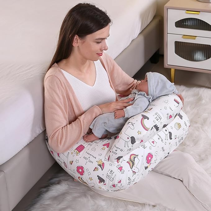 Nursing Pillow for Breastfeeding,Ergonomic Baby Feeding Pillows with Removable Washable Cotton Slipcover, Adjustable Waist Strap,Plus Size,More Support for Mom and Baby(Unicorn)