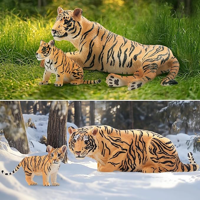 Toymany 6PCS Realistic Tigers Figurines with Tiger Cubs, 2-6" Jungle Animals Figures Family Set, Educational Toy Cake Toppers Christmas Birthday Gift for Kids Toddlers