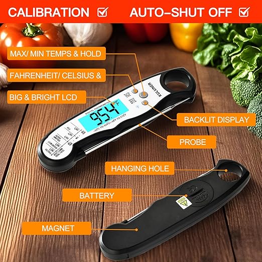 KULUNER TP-01 Waterproof Digital Instant Read Meat Thermometer with 4.6 Folding Probe Backlight Calibration Function for Cooking Food Candy, BBQ Grill, Liquids,Beef(White)