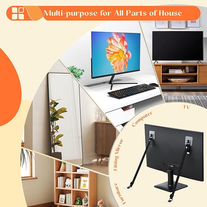 2 Pack TV Safety Straps Adjustable, Adhesive Anti-Tip Furniture Anchor for Flat Screen, TV and Furniture Safety Straps for Baby Proofing, Black