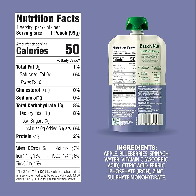 Beech-Nut Baby & Toddler Food Pouches with Iron & Zinc, Apple Blueberry & Spinach Puree, 3.5 oz (12 Pack)