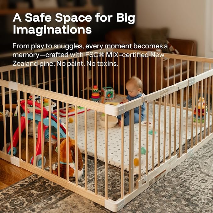 HARPPA Baby Gate Playpen Wooden Playpen for Babies and Toddlers Large Play Yards Baby Fence Play Area 56 x 56 x 24 inch