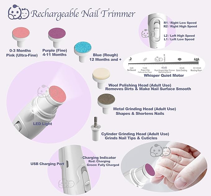 Royal Angels Rechargeable Baby Nail Clippers 20 in 1, Safe Electric Nail Trimmer, Baby Nail Kit, Additional Replacements, Newborn Toddler Toes and Fingernails, Trim and Polish (Rechargeable, Snow)