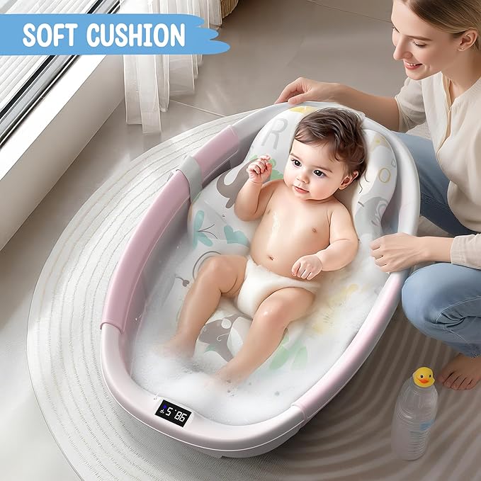 Collapsible Baby Bathtub, 3s to Install, Baby Bath Tub with Soft Cushion & Thermometer, 0-36 Months Newborn Bathtub,Portable Travel Baby Tub, Pink