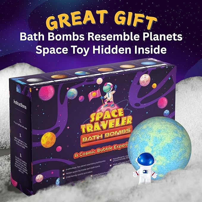 EvolutionUSA Space Bath Bombs for Boys & Girls, 6 Planet Bath Balls with Toy Hidden Inside, Organic Hypoallerganic Childrens Bathbombs, Cosmic Fun Space Surprise, Gift Set Birthday, Christmas, Easter