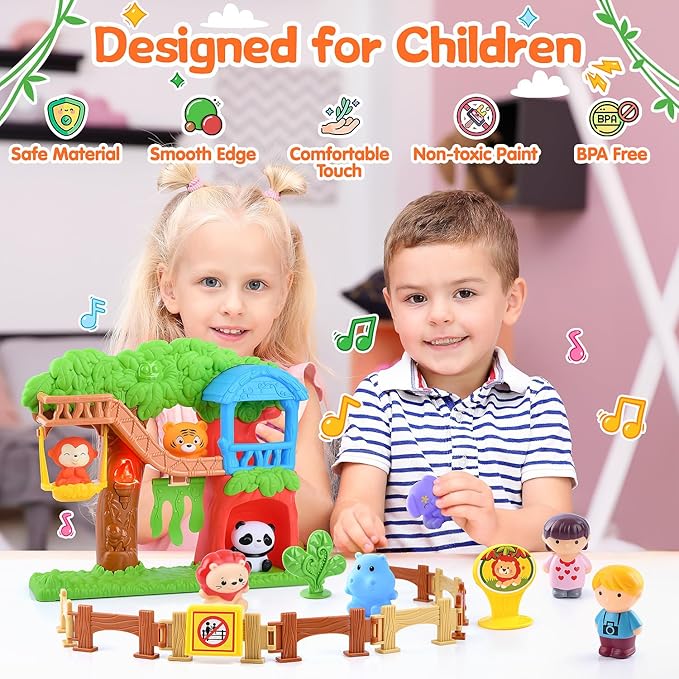 PLAY Safari Animals Figures Toys Playset, 20Pcs Realistic Jungle Forest Zoo Animals Figurines Tree House Playset with Lights & Sounds for Toddlers, Learning Toys Gifts for Girls Boy Ages 18M+