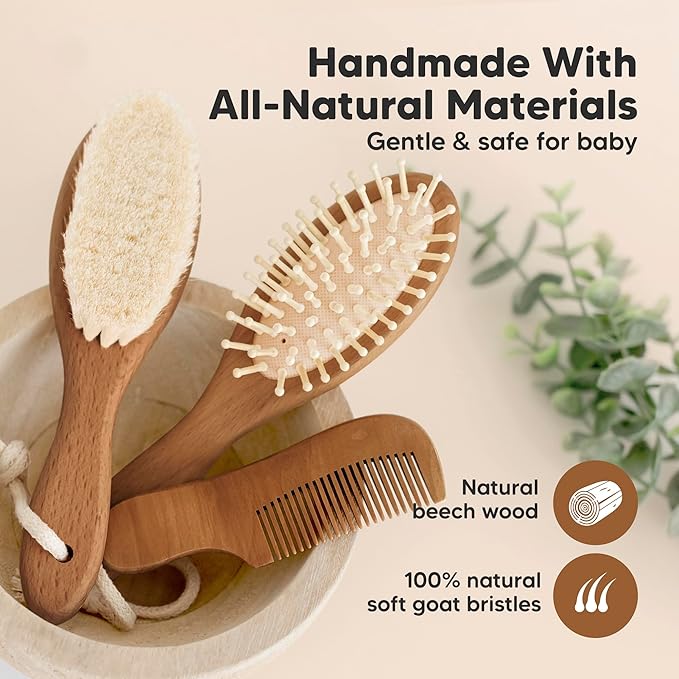 Baby Hair Brush and Comb Set for Newborn - Wooden Baby Hair Brush Set with Soft Goat Bristle, Baby Brush Set for Newborns,Baby Brush and Comb Set Girl, Boy,Toddler Cradle Cap Brush (Oval, Dark Walnut)