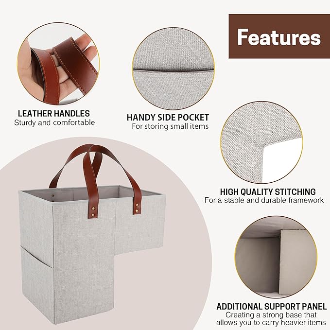 SAM AND MABEL Stair Baskets for Carpeted and Wooden Stairs – 16”L x 9.5”W x 16”H Foldable Staircase Basket with Handles, Stairway Storage Organizer for Home Office Decor (Grayish Beige)