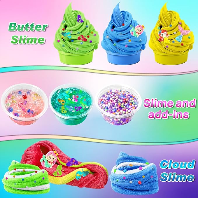 YOPINSAND DIY Slime Kit for Girls, Slime Making Kit for Kids, Glimmer Crunchy, Butter, Foam, Cloud Slime with Mermaid Add-ins, Foam Balls, Charms, Glitters, Party Favors Gift Toys for Kids 6-12