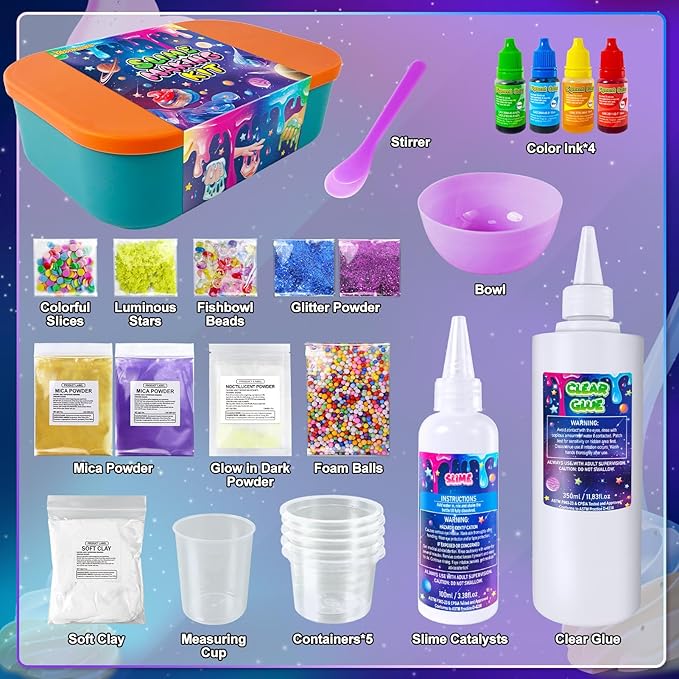 YOPINSAND Galaxy Slime Kit for Girls, DIY Slime Making Kit, Glimmer Crunchy, Butter, Foam, Glow in The Dark Slime with Add-ins, Foam Balls, Charms, Glitters, Party Favors Gift Toys for Kids 6-12