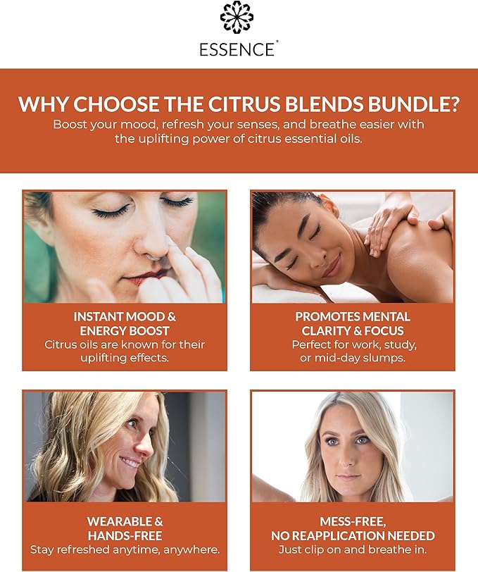 Essence Nasal Diffuser Citrus Bundle – Essential Oil Silicone Nose Rings for Mood, Energy & Positivity – Wearable Aromatherapy Pack with Lemon, Orange, Grapefruit & Bergamot