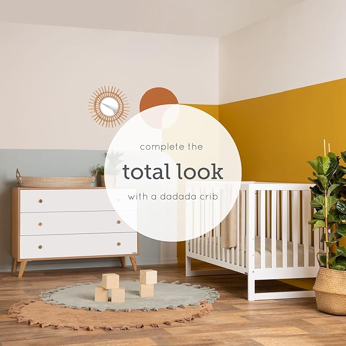 dadada Austin 3-Drawer Dresser for Nursery and Bedroom - Modern Design, Large Storage, Baby-Safe Finish, Soft Close Drawers, Anti-Tip Safety, Solid Wood Feet, Durable Construction (White+Red Oak)