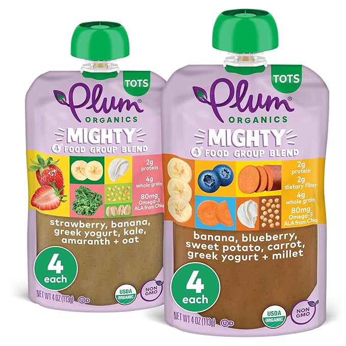 Plum Organics Variety Pack, 12+ Months - Mighty 4 Food Group Blend - Organic Fruit and Veggie Toddler Food Pouches - 4 oz Pouch (Pack of 8)