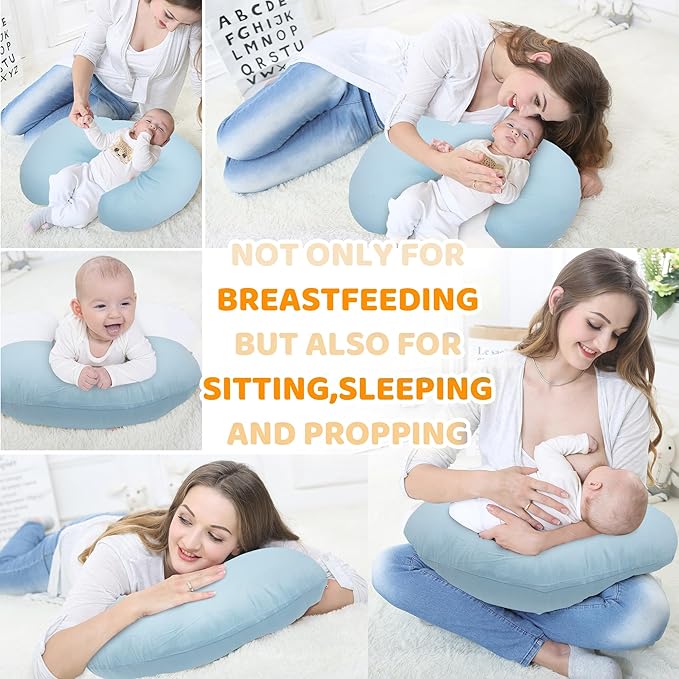 LAT Nursing Pillow for Breastfeeding,100% Cotton Removable Cover,Ergonomic Breast Feeding Pillows for Mom and Baby,Machine Washable(Baby Blue)
