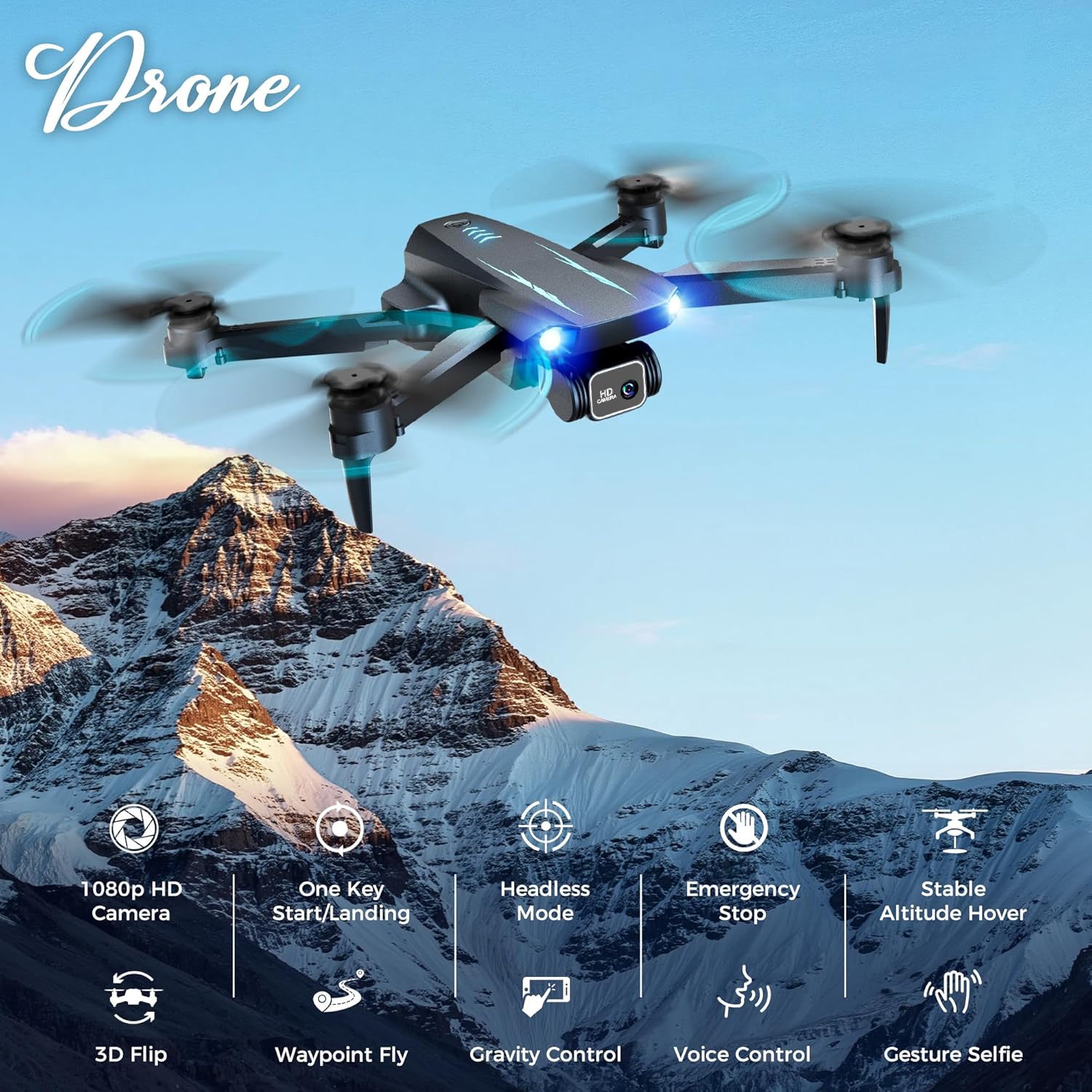 Drone with Camera, Mini Drone for Kids with 1080P HD FPV Camera, One Key Take Off/Land, Altitude Hold, 360°Flip, Waypoint Fly, Gestures Selfie, 3 Speed, 2 Battery Toys Birthday Christmas Gifts for boys