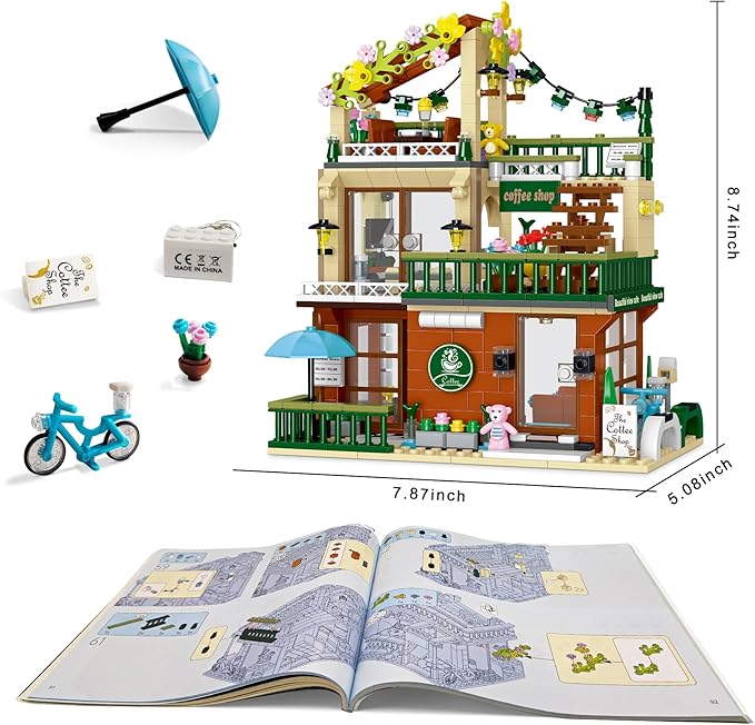 3 in 1 Coffee House Building Set with Light, 875 PCS City Cafe Shop Building Block Toy Architecture Construction Model for Adults Teens Kids Boys Girls Ages 8-12+