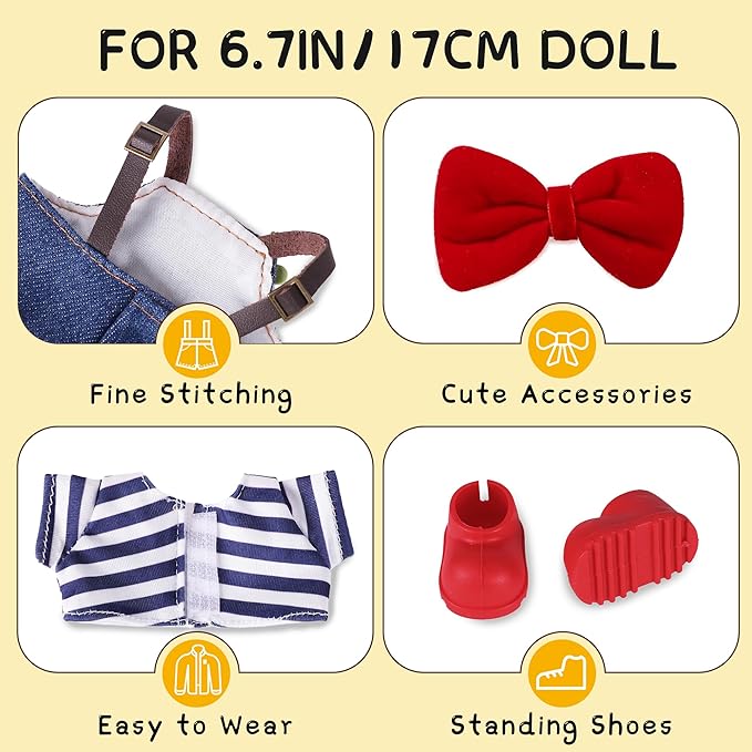 Clothes for 6.7in/17cm Doll, Set of 4 Cute Doll Accessories Includes Doll Hat+T-Shirt+Bib Pants+Shoes Set Premium Fashion Outfit for Collectors Unique Gift (Style A)