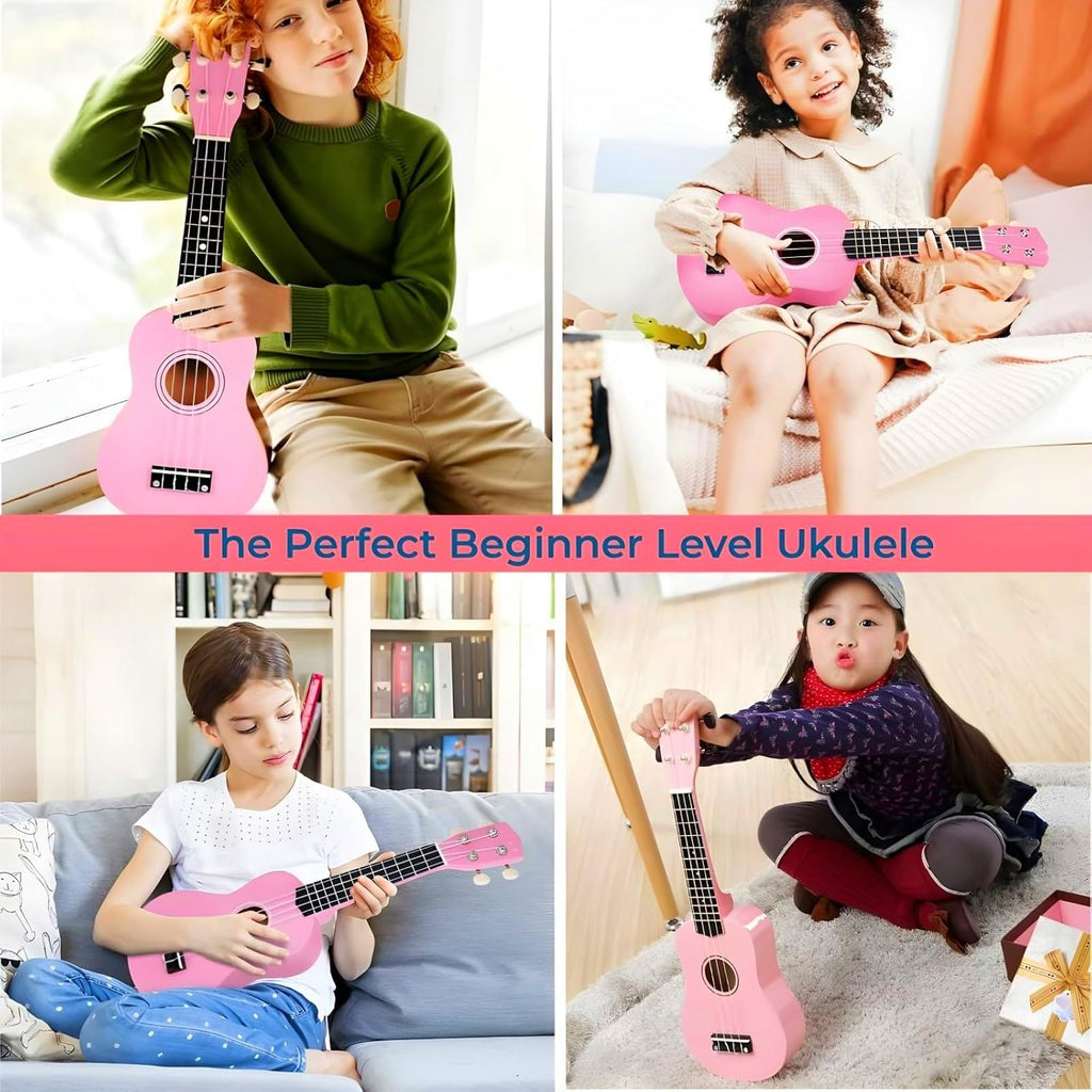 Kids Child Children Wooden Acoustic Guitar Ukulele 21 Inch 4 String Musical Instruments Perfect For Beginner (Pink)