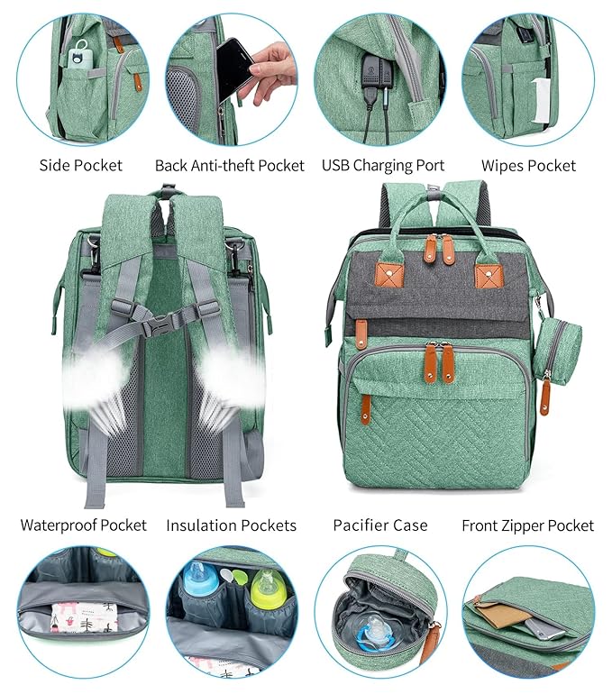 KABAQOO Diaper Bag Backpack with Detachable Changing Station, Large Capacity Baby Diaper Bags for Boys & Girls, Baby Registry Search Stuff & Shower Gifts, Newborn Essentials Must Haves, Green Grey
