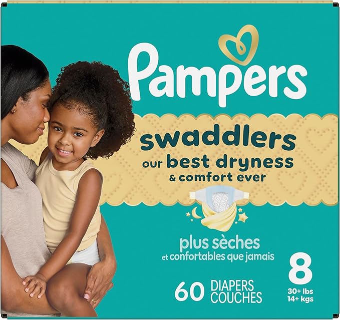 Pampers Swaddlers Diapers, Size 8 (30+ lbs), 60 Count, Absorbent, Keeps Baby Dry and Comfortable, Skin Safe Disposable Baby Diaper (Packaging May Vary)