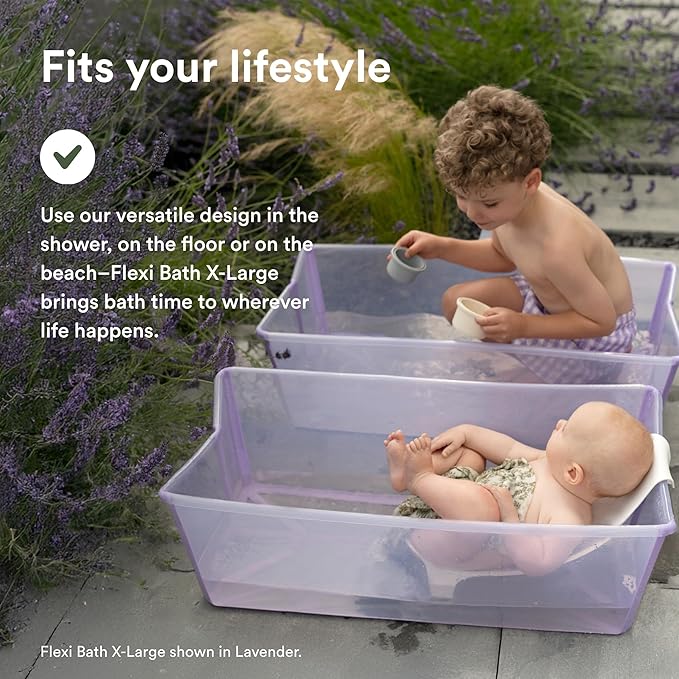 Stokke Flexi Bath X-Large Bundle, Sandy Beige - Spacious Baby Bathtub + Newborn Support - Lightweight, Foldable & Easy to Store - Best for Ages 0-6