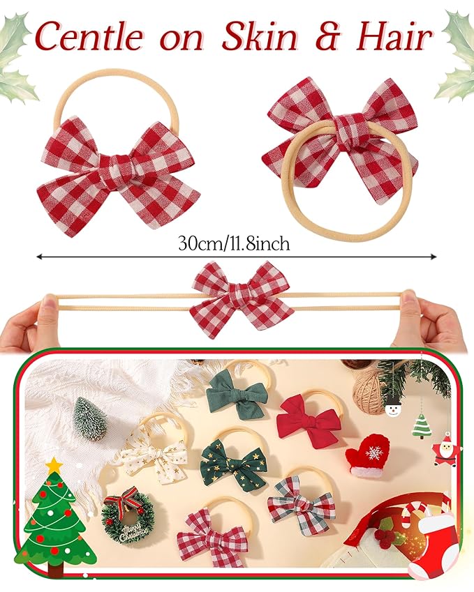 doboi 6PCS Christmas Baby Girls Headbands Hair Bows Star Nylon Cotton Linen Hairbands Fine Handmade Hair Accessories for Newborn Infant Toddlers Little Girls