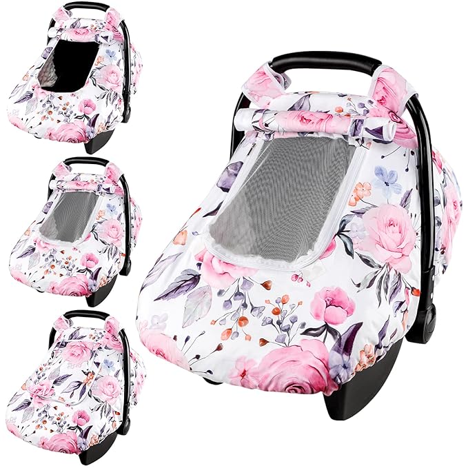 Floral Baby Carseat Cover Girls, Pea Pod Infant Car Seat Covers Canopy for Newborn with 2 Layers Windows of Breathable Mesh/Fabric, Lightweight Polyester/Minky Dot Backing, Snug Fit Most Baby Car Seat