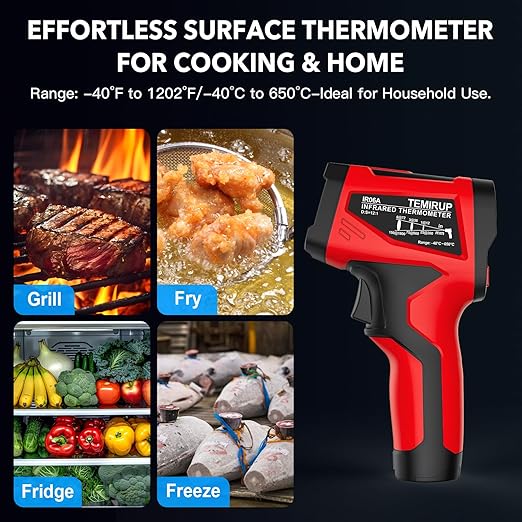 Infrared Thermometer Gun - TEMIRUP Non-Contact Digital Laser Temperature Gun with Color LCD Display for Cooking, Griddle, Engine, HVAC, IR Temp Gun with Adjustable Emissivity,-40℉~1202℉(-40℃~650℃)