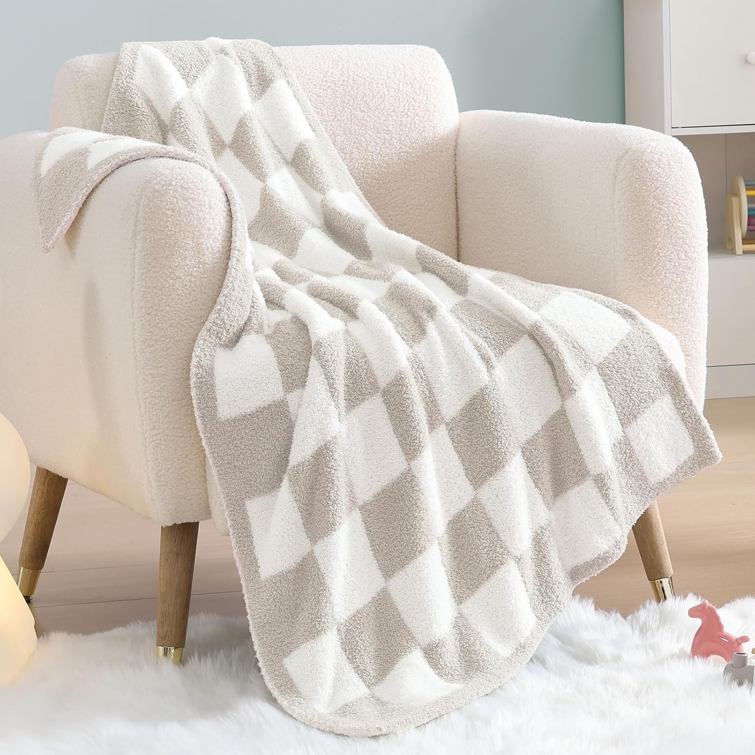 WRENSONGE Checkered Throw Blanket, Taupe Soft Cozy Fluffy Warm Hand Made Throw Blankets for Couch, Sofa, Chair, Bed, Camping, Picnic, Travel Lightweight Bed Blanket - 30"*40"