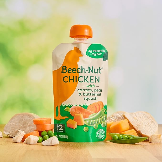 Beech-Nut Chicken Baby Food Pouches with 4g of Protein, Chicken Carrots Peas & Butternut Squash, Baby Puree Meat Baby Food Pouch, Stage 2, 3.5 oz Pouch (12 Pack)