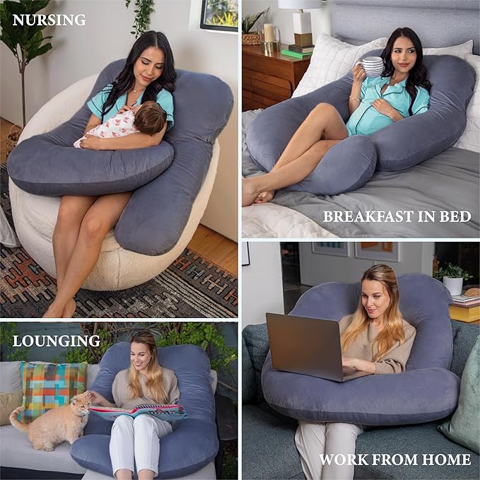 Pharmedoc Pregnancy Pillows, U-Shape Full Body Pillow -Removable Cover Jumbo Size - Gray - Pregnancy Pillows for Sleeping - Body Pillows for Adults, Maternity Pillow and Pregnancy Must Haves
