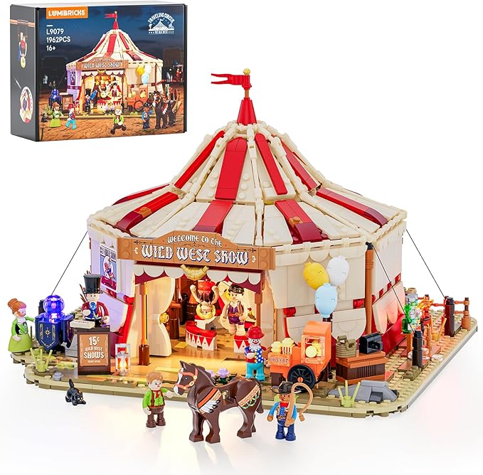 Travelling Circus Lighting Building-Bricks Set - The Wild West Show 1962 Pcs Collection Display Set for Adults and West Lovers