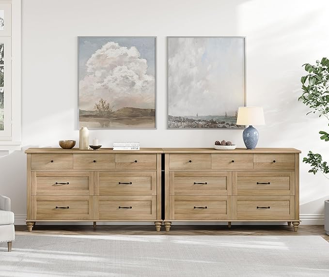 WAMPAT 2 Pack Kids Dresser with 14 Drawers for Bedroom, 2-in-1 Wide Baby Dresser for Nursery & Kids Room, Farmhouse Chests & Dressers, Wooden Closet Organizer for Children’s Bedroom, Oak