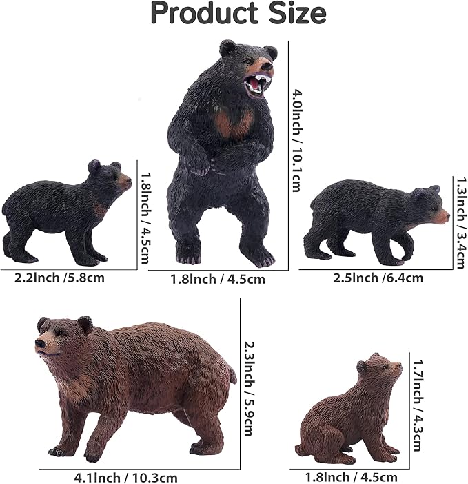 Toymany 6PCS Bear Figurines, Realistic Forest Animals Bear Family Figures Toy Set Includes Brown Bears Black Bears and Cubs, Education Toy Birthday for Kids Toddlers