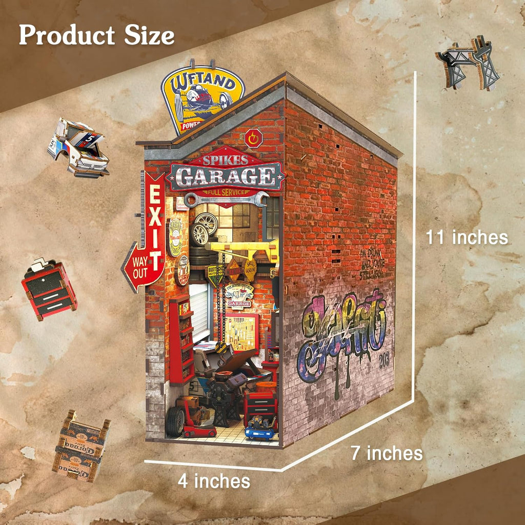 Garage Book Nook Kit - 3D Wooden Puzzle Miniature Book Nook Kits for Adults Teen, DIY Dollhouse Bookshelf Insert Decor with Sensor LED Light, Gift for Family, Friends