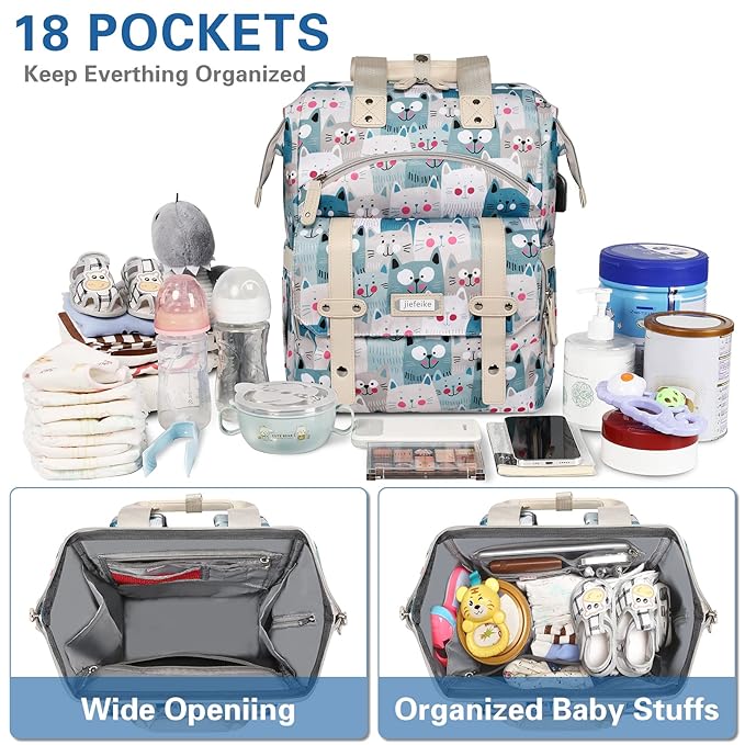 Jiefeike Diaper Bag Backpack,Baby Bags for Mom Dad Girls Boys,15.6inch Cat Dog Travel Baby Diaper Bags with Insulated Pockets,USB Charging Port,RFID Anti-Theft Water-Resistant Pocket