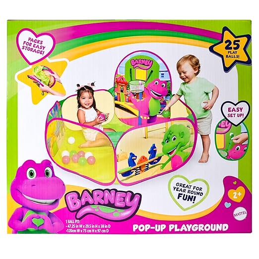 Barney Pop Up Playground, Ball Pit with 25 Play Balls and Basketball Hoop, Toddlers 2+