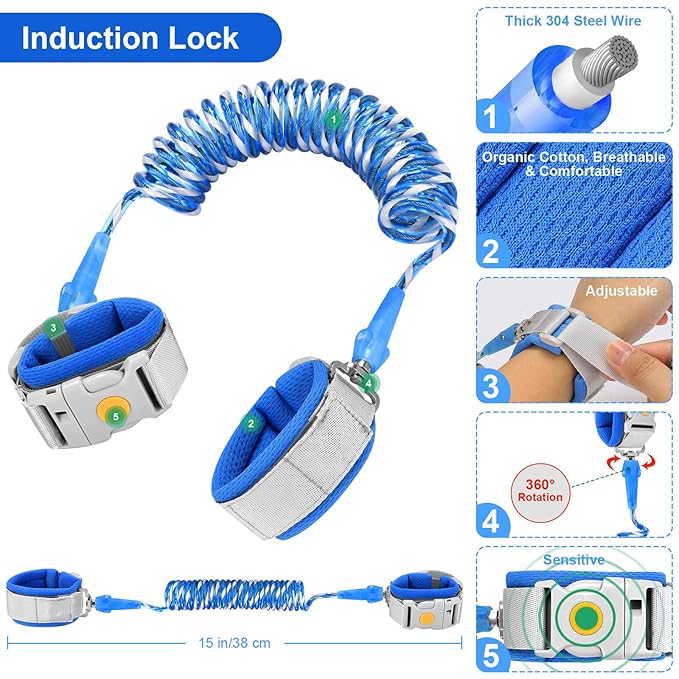 Accmor Anti Lost Wrist Link with Induction Lock, 2 Pack Upgraded Toddler Leash, Reflective Kids Wrist Leash for Baby, Child Walking Wristband with Magnetic Unlock Design for Boys & Girls (6.5ft)