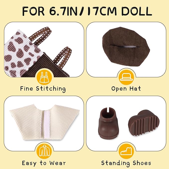 Clothes for 6.7in/17cm Doll, Set of 4 Cute Doll Accessories Includes Doll Hat+T-Shirt+Bib Pants+Shoes Set Premium Fashion Outfit for Collectors Unique Gift (Style D)
