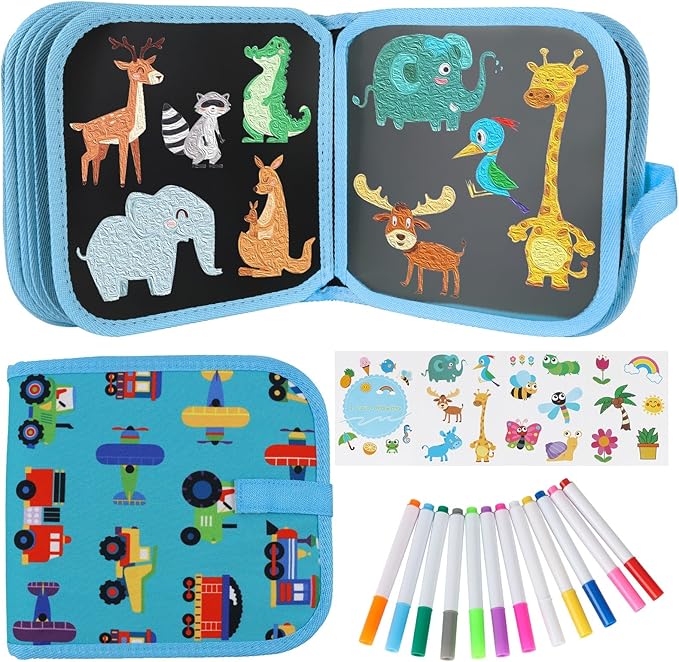 Erasable Doodle Set for Kids - Magic Drawing Book With 12 Watercolor Pens, 14 Page Reusable Book, Road Trip Car Game Writing Painting Set for Boys and Girls